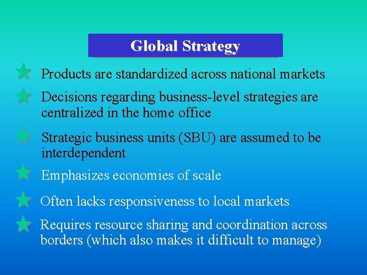 Global Strategy Products are standardized across national markets Decisions regarding business-level strategies are centralized