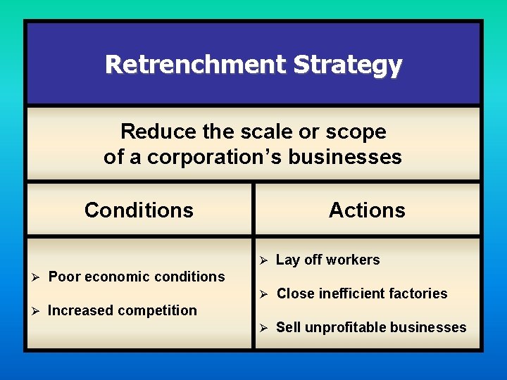 Retrenchment Strategy Reduce the scale or scope of a corporation’s businesses Conditions Actions Ø