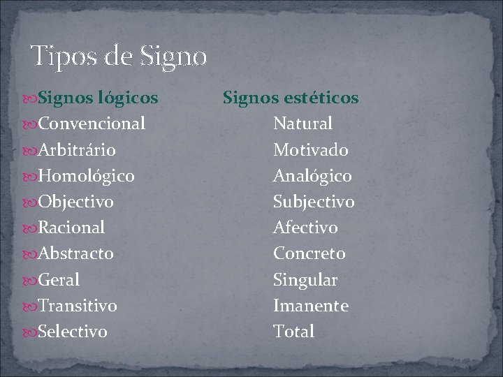 Tipos de Signos lógicos Convencional Arbitrário Homológico Objectivo Racional Abstracto Geral Transitivo Selectivo Signos
