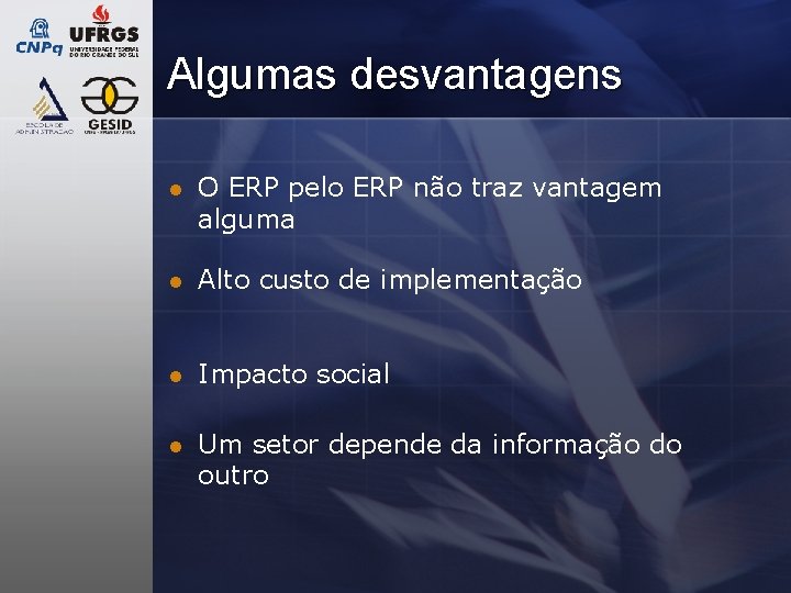 Algumas desvantagens l O ERP pelo ERP não traz vantagem alguma l Alto custo Algumas desvantagens l O ERP pelo ERP não traz vantagem alguma l Alto custo