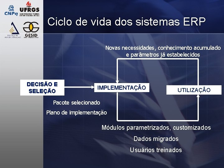 Ciclo de vida dos sistemas ERP Novas necessidades, conhecimento acumulado e parâmetros já estabelecidos Ciclo de vida dos sistemas ERP Novas necessidades, conhecimento acumulado e parâmetros já estabelecidos