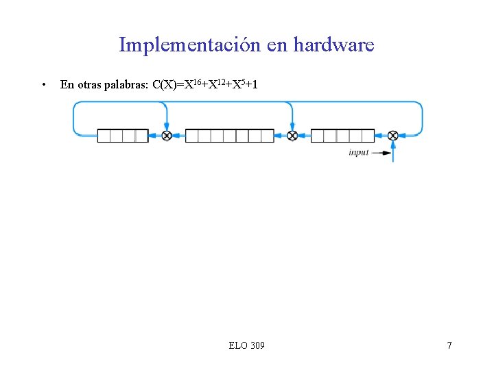 Implementación en hardware • En otras palabras: C(X)=X 16+X 12+X 5+1 ELO 309 7