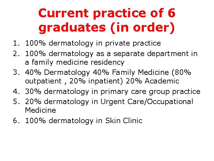Current practice of 6 graduates (in order) 1. 100% dermatology in private practice 2.
