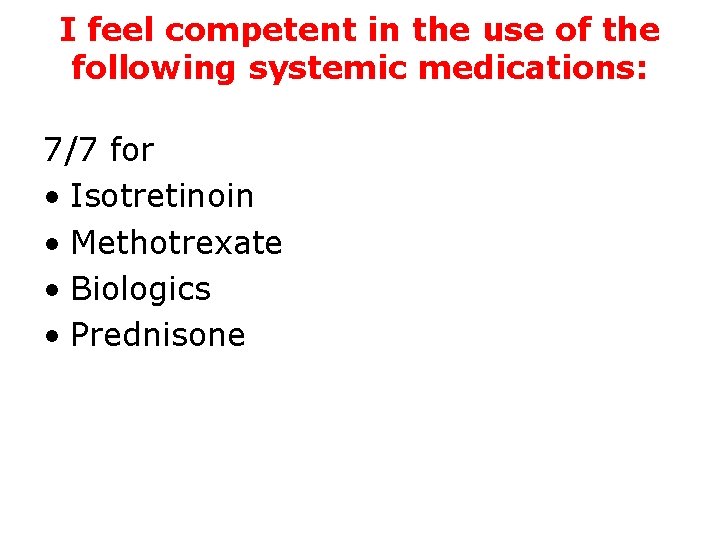 I feel competent in the use of the following systemic medications: 7/7 for •