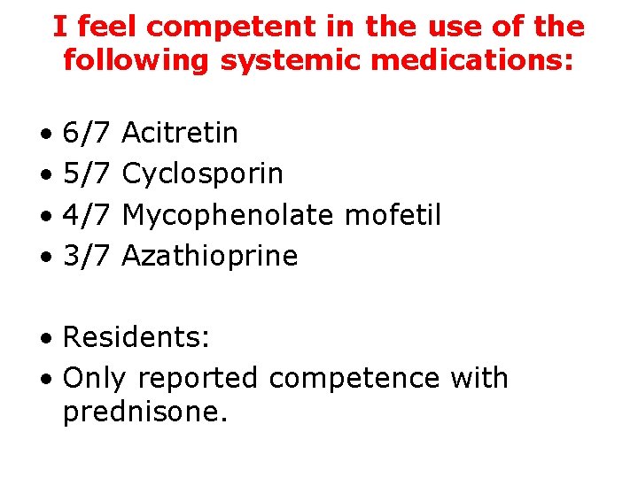 I feel competent in the use of the following systemic medications: • 6/7 Acitretin