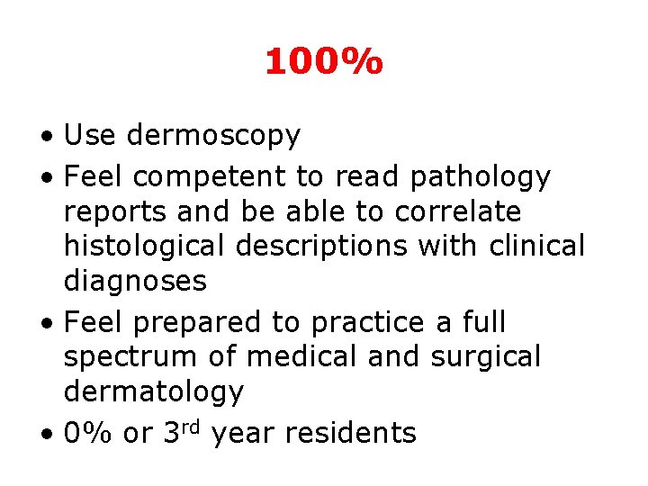 100% • Use dermoscopy • Feel competent to read pathology reports and be able