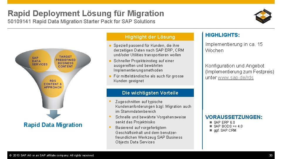 Rapid Deployment Lösung für Migration 50109141 Rapid Data Migration Starter Pack for SAP Solutions
