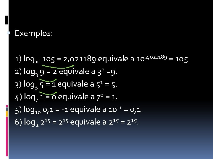  Exemplos: 1) log 10 105 = 2, 021189 equivale a 102, 021189 =