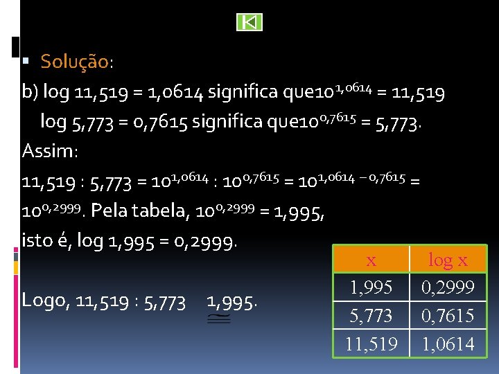  Solução: b) log 11, 519 = 1, 0614 significa que 101, 0614 =