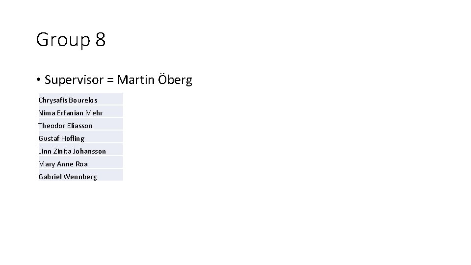 Group 8 • Supervisor = Martin Öberg Chrysafis Bourelos Nima Erfanian Mehr Theodor Eliasson