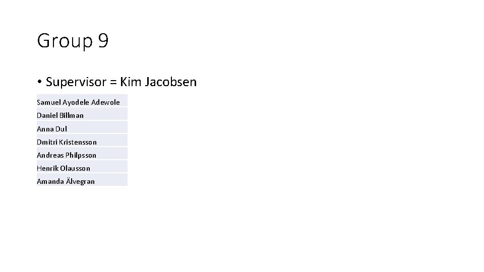 Group 9 • Supervisor = Kim Jacobsen Samuel Ayodele Adewole Daniel Billman Anna Dul