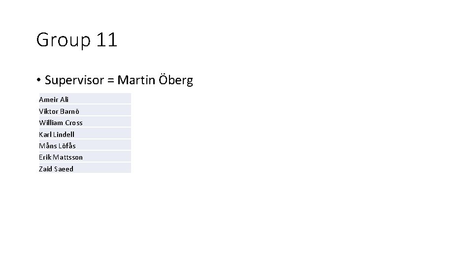 Group 11 • Supervisor = Martin Öberg Ameir Ali Viktor Barnö William Cross Karl