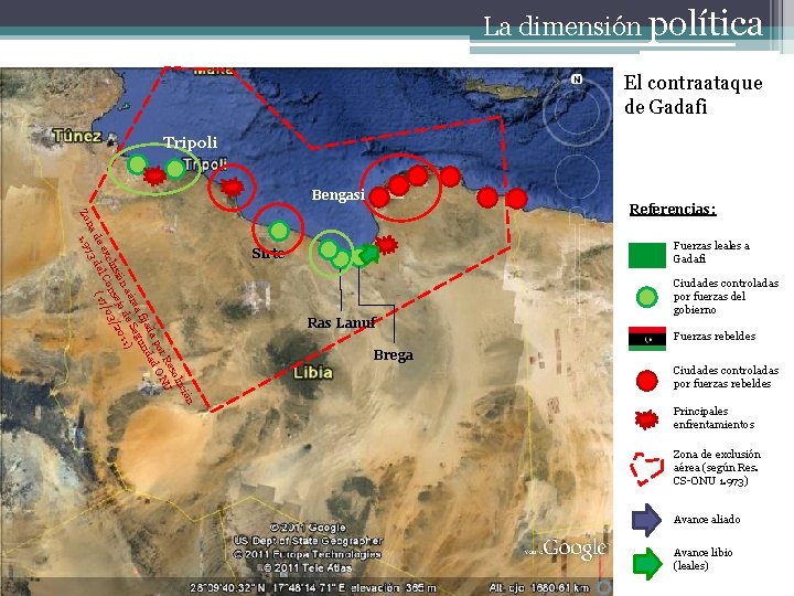 La dimensión política El contraataque de Gadafi Tripoli Bengasi Zo Referencias: ión luc eso