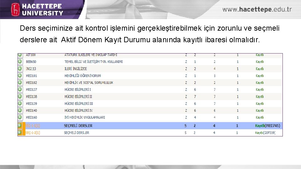 Ders seçiminize ait kontrol işlemini gerçekleştirebilmek için zorunlu ve seçmeli derslere ait Aktif Dönem
