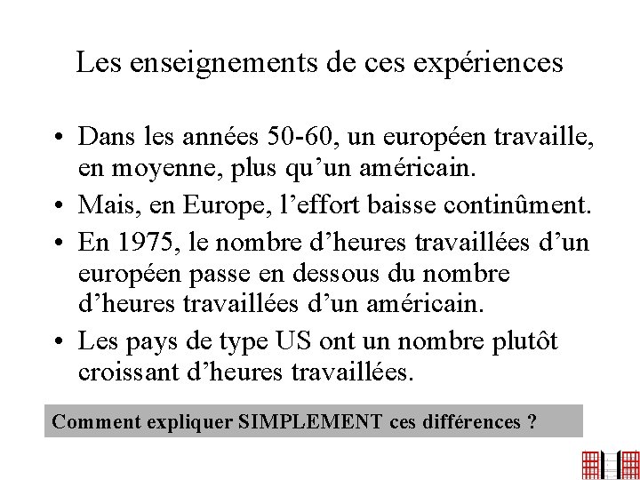 Les enseignements de ces expériences • Dans les années 50 -60, un européen travaille,