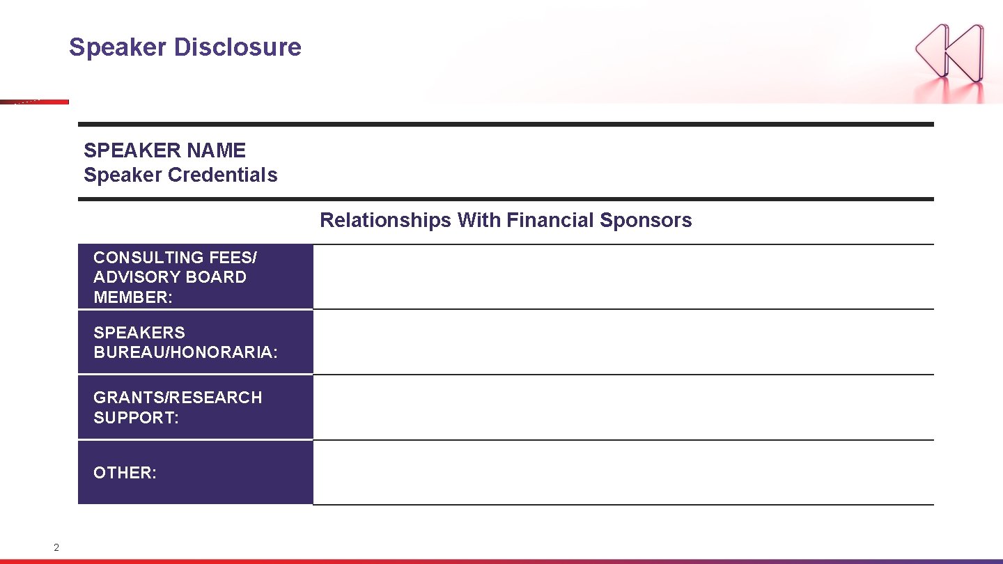 Speaker Disclosure SPEAKER NAME Speaker Credentials Relationships With Financial Sponsors CONSULTING FEES/ ADVISORY BOARD