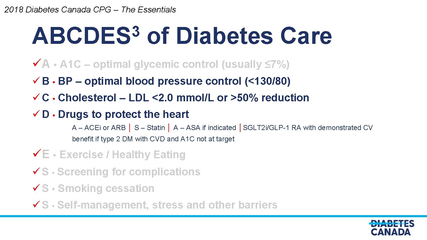 2018 Diabetes Canada CPG – The Essentials 3 ABCDES of Diabetes Care üA •