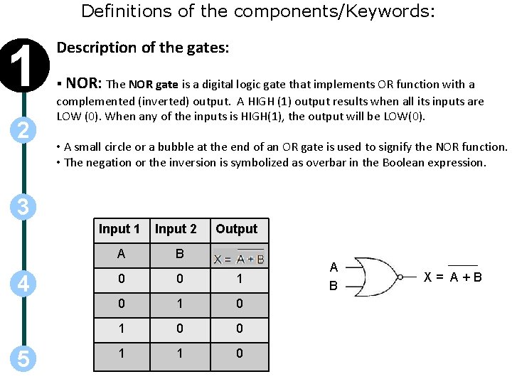 Definitions of the components/Keywords: 1 2 Description of the gates: § NOR: The NOR
