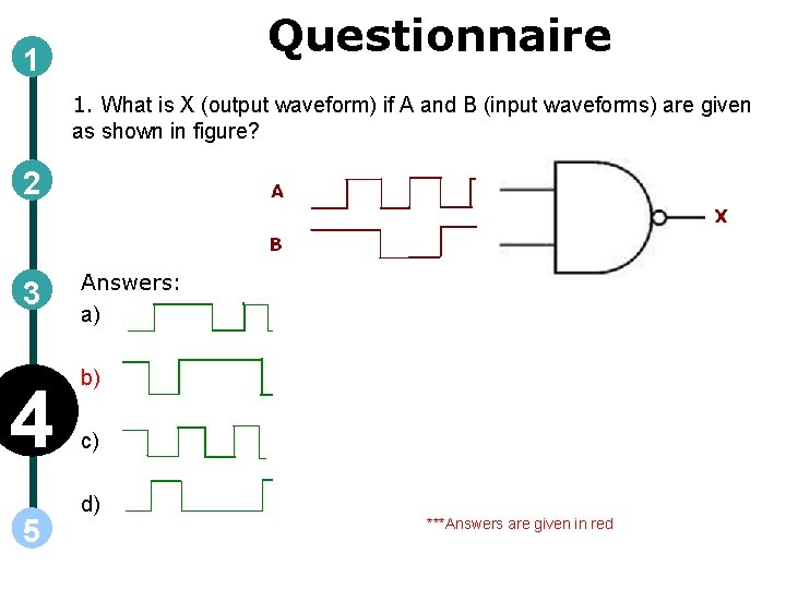 Questionnaire 1 1. What is X (output waveform) if A and B (input waveforms)