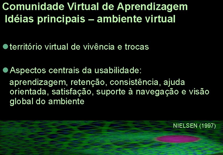 Comunidade Virtual de Aprendizagem Idéias principais – ambiente virtual l território virtual de vivência Comunidade Virtual de Aprendizagem Idéias principais – ambiente virtual l território virtual de vivência