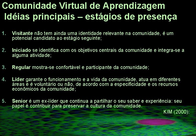 Comunidade Virtual de Aprendizagem Idéias principais – estágios de presença 1. Visitante não tem Comunidade Virtual de Aprendizagem Idéias principais – estágios de presença 1. Visitante não tem