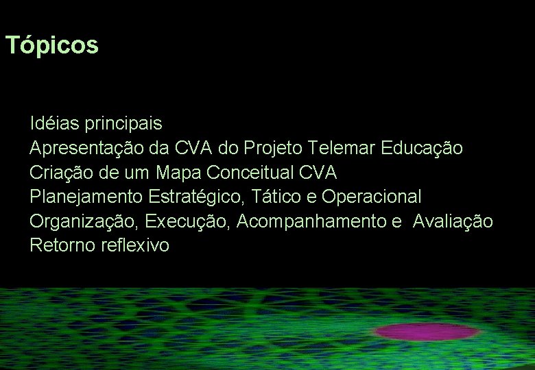 Tópicos Idéias principais Apresentação da CVA do Projeto Telemar Educação Criação de um Mapa Tópicos Idéias principais Apresentação da CVA do Projeto Telemar Educação Criação de um Mapa