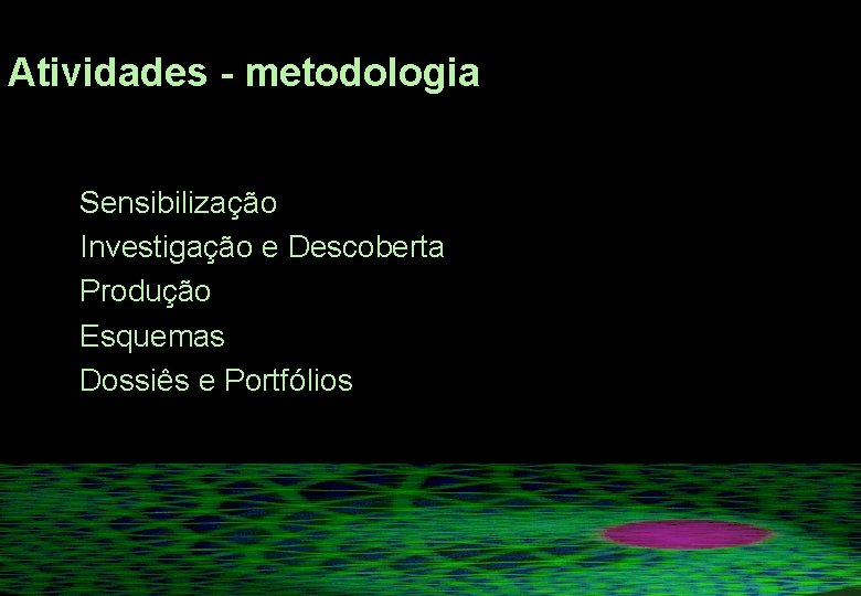 Atividades - metodologia Sensibilização Investigação e Descoberta Produção Esquemas Dossiês e Portfólios Atividades - metodologia Sensibilização Investigação e Descoberta Produção Esquemas Dossiês e Portfólios