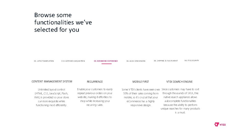 Browse some functionalities we’ve selected for you 01. LATEST INNOVATION 02. CUSTOMER ACQUISITION 03.