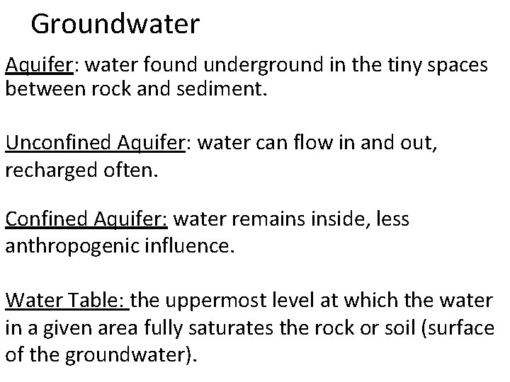 Groundwater Aquifer: water found underground in the tiny spaces between rock and sediment. Unconfined