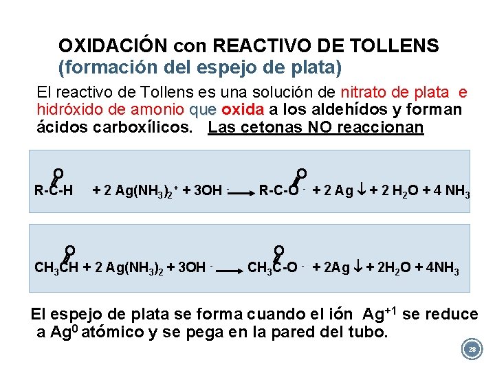OXIDACIÓN con REACTIVO DE TOLLENS (formación del espejo de plata) El reactivo de Tollens
