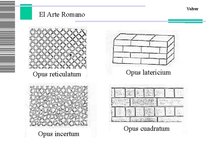 Volver El Arte Romano Opus reticulatum Opus incertum Opus latericium Opus cuadratum 