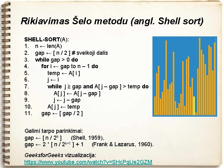 Rikiavimas Šelo metodu (angl. Shell sort) SHELL-SORT(A): 1. n ← len(A) 2. gap ←