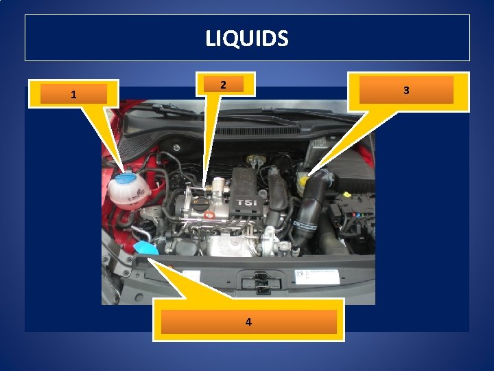 LIQUIDS 1 COOLANT 2 OIL WINDSCREEN 4 WASHER FLUID BRAKE 3 FLUID LIQUIDS 1 COOLANT 2 OIL WINDSCREEN 4 WASHER FLUID BRAKE 3 FLUID
