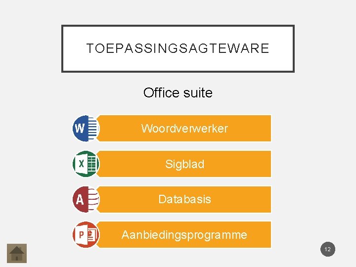 TOEPASSINGSAGTEWARE Office suite Woordverwerker Sigblad Databasis Aanbiedingsprogramme 12 