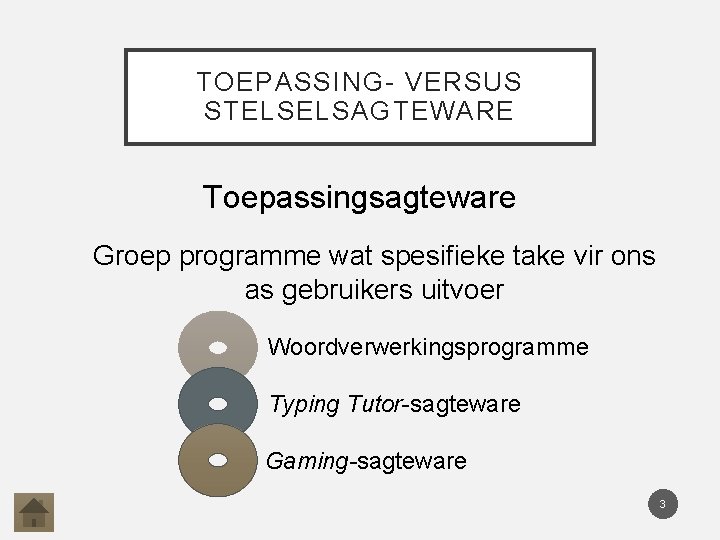 TOEPASSING- VERSUS STELSELSAGTEWARE Toepassingsagteware Groep programme wat spesifieke take vir ons as gebruikers uitvoer