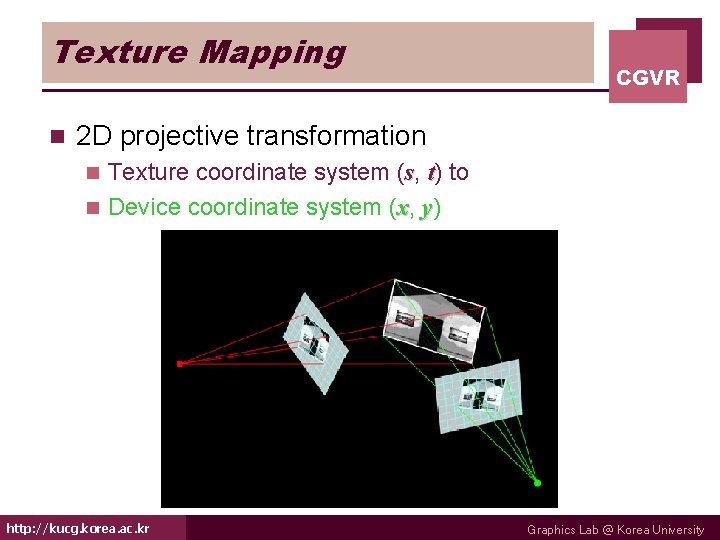 Texture Mapping n CGVR 2 D projective transformation Texture coordinate system (s, t) to