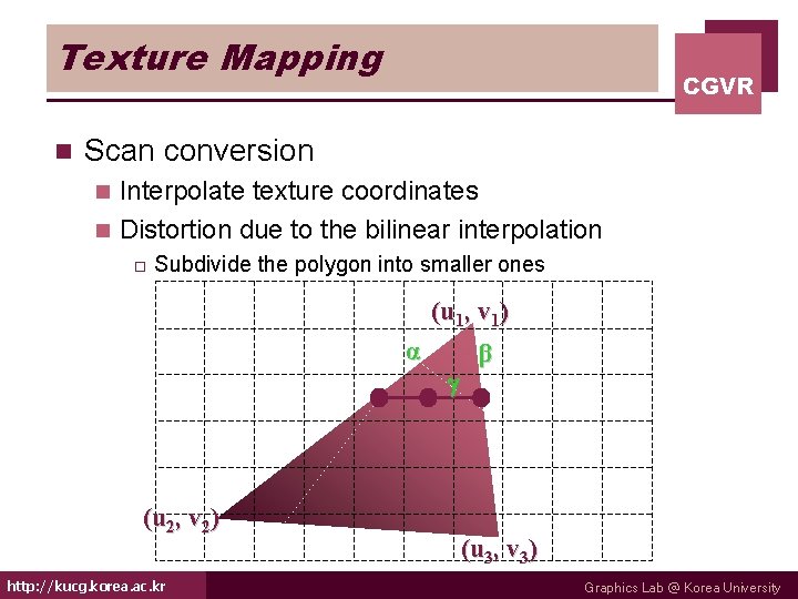 Texture Mapping n CGVR Scan conversion Interpolate texture coordinates n Distortion due to the