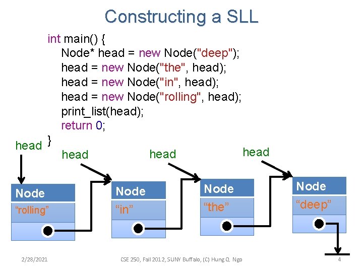 Constructing a SLL int main() { Node* head = new Node("deep"); head = new