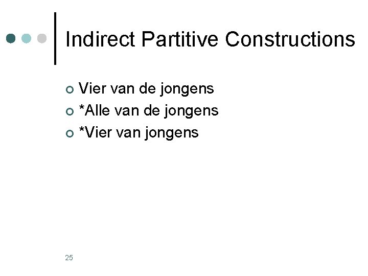 Indirect Partitive Constructions Vier van de jongens ¢ *Alle van de jongens ¢ *Vier Indirect Partitive Constructions Vier van de jongens ¢ *Alle van de jongens ¢ *Vier