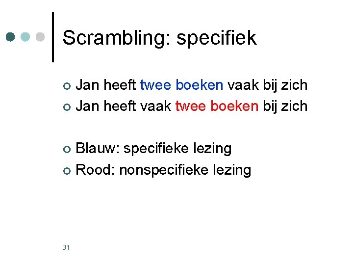 Scrambling: specifiek Jan heeft twee boeken vaak bij zich ¢ Jan heeft vaak twee Scrambling: specifiek Jan heeft twee boeken vaak bij zich ¢ Jan heeft vaak twee