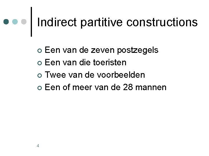 Indirect partitive constructions Een van de zeven postzegels ¢ Een van die toeristen ¢ Indirect partitive constructions Een van de zeven postzegels ¢ Een van die toeristen ¢