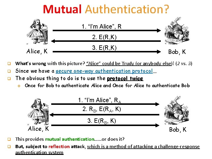 Mutual Authentication? 1. “I’m Alice”, R 2. E(R, K) Alice, K q q q