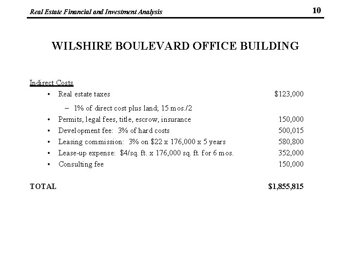 10 Real Estate Financial and Investment Analysis WILSHIRE BOULEVARD OFFICE BUILDING Indirect Costs •