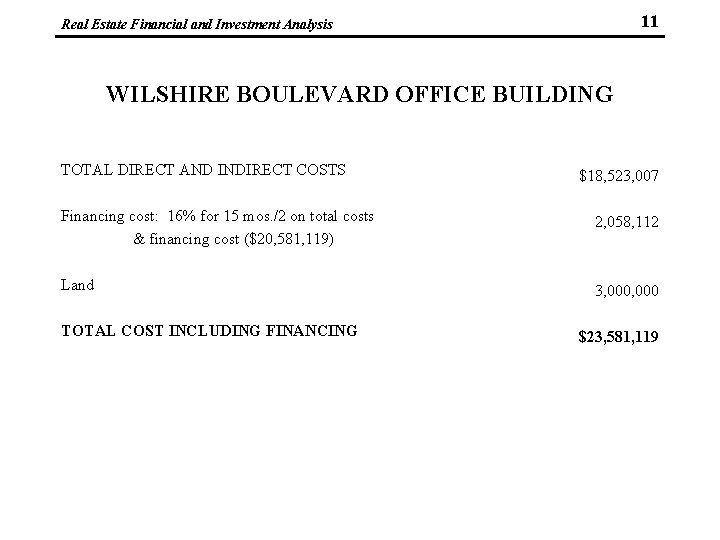 11 Real Estate Financial and Investment Analysis WILSHIRE BOULEVARD OFFICE BUILDING TOTAL DIRECT AND