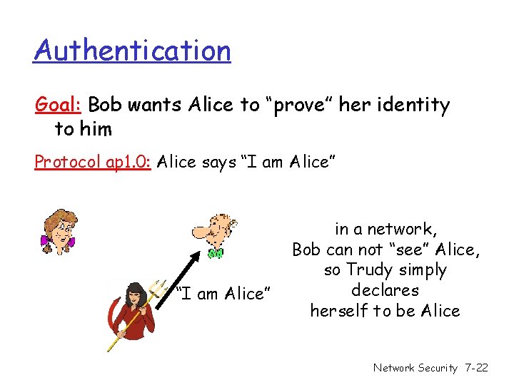 Authentication Goal: Bob wants Alice to “prove” her identity to him Protocol ap 1.