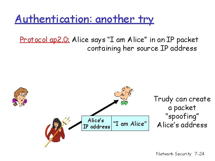 Authentication: another try Protocol ap 2. 0: Alice says “I am Alice” in an Authentication: another try Protocol ap 2. 0: Alice says “I am Alice” in an