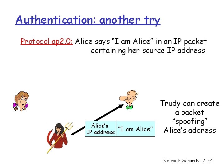 Authentication: another try Protocol ap 2. 0: Alice says “I am Alice” in an