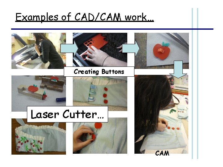 Examples of CAD/CAM work… Creating Buttons Laser Cutter… CAM 
