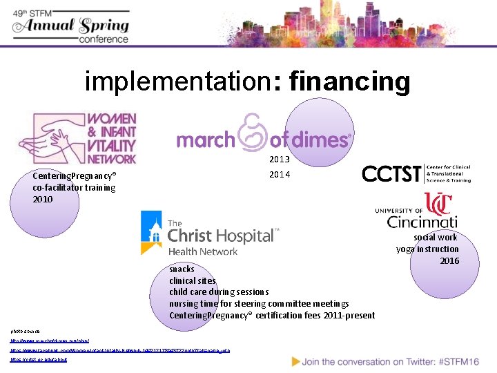 implementation: financing 2013 2014 Centering. Pregnancy® co-facilitator training 2010 snacks clinical sites child care