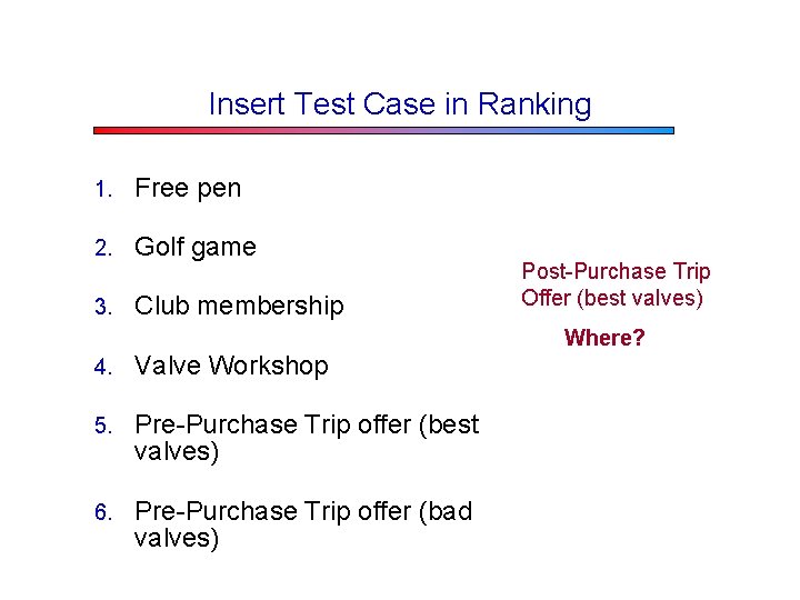 Insert Test Case in Ranking 1. Free pen 2. Golf game 3. Club membership